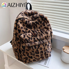 Retro Cow Leopard Print Backpack Soft Plush School Bag Casual Travel Rucksack