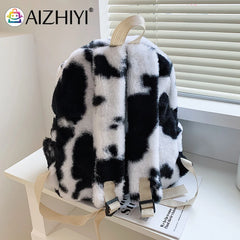 Retro Cow Leopard Print Backpack Soft Plush School Bag Casual Travel Rucksack