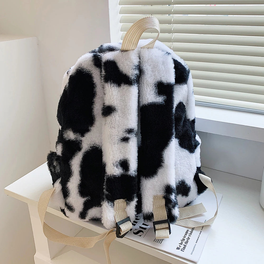 Retro Cow Leopard Printing Women Backpacks Autumn Winter Soft Plush School Bags