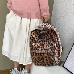 Retro Cow Leopard Printing Women Backpacks Autumn Winter Soft Plush School Bags
