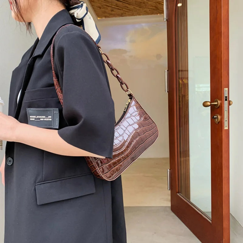 Retro Crocodile Pattern Shoulder Bag for Women PU Leather French Underarm Bags
