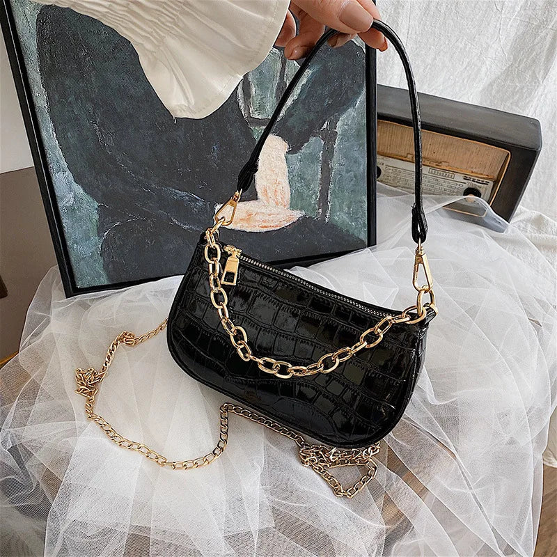 Crocodile Pattern Shoulder Bag Retro Style PU Leather Crossbody Square Bag