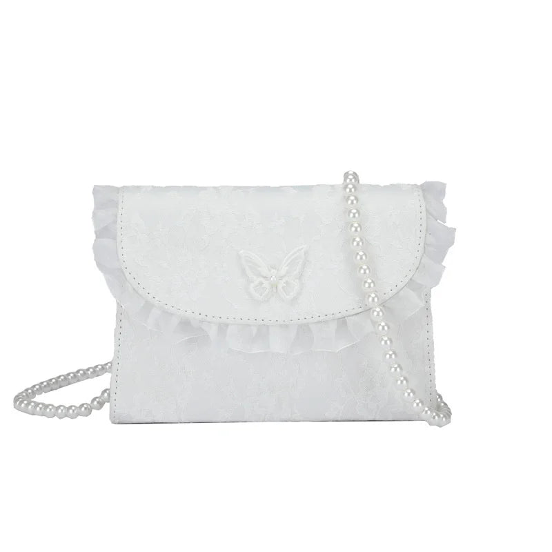 Vintage Lace Pearl Chain Crossbody Bag for Women Small Square Shoulder Purse
