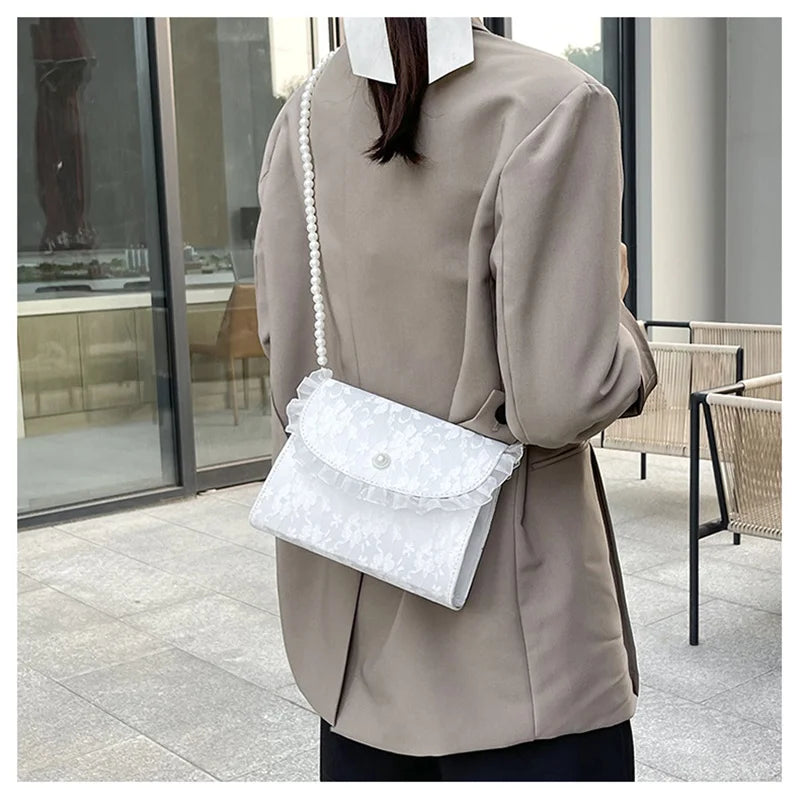 Vintage Lace Pearl Chain Crossbody Bag for Women Small Square Shoulder Purse
