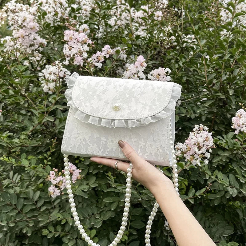Vintage Lace Pearl Chain Crossbody Bag for Women Small Square Shoulder Purse