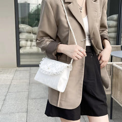 Vintage Lace Pearl Chain Crossbody Bag for Women Small Square Shoulder Purse