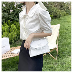 Vintage Lace Pearl Chain Crossbody Bag for Women Small Square Shoulder Purse