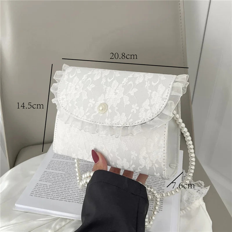 Vintage Lace Pearl Chain Crossbody Bag for Women Small Square Shoulder Purse