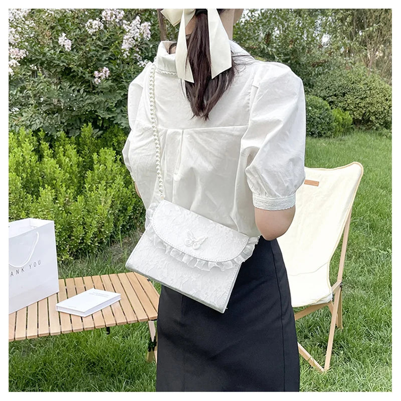 Vintage Lace Pearl Chain Crossbody Bag for Women Small Square Shoulder Purse