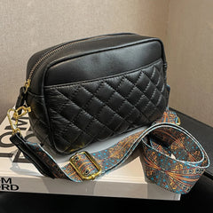Quilted PU Leather Camera Shoulder Bag Prints Wide Strap Rhombus Pattern