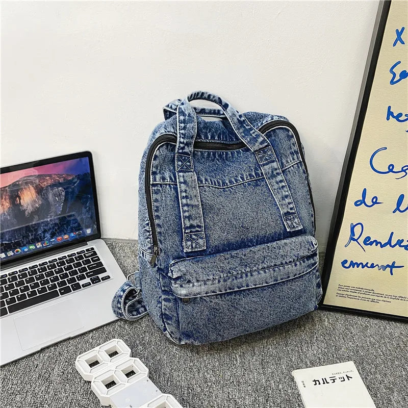 Retro Denim Women Backpack Large Capacity Travel Bags College Student School Bag