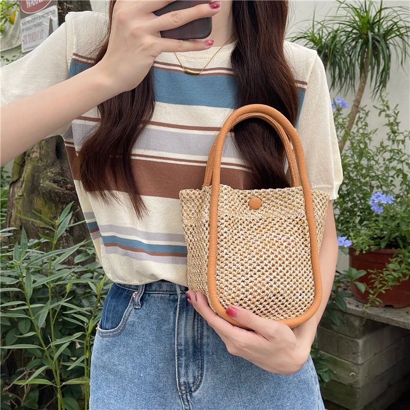 Retro Ladies Straw Handbags with Purse Summer Women Shoulder Messenger Bags