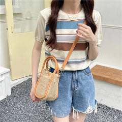 Retro Ladies Straw Handbags with Purse Summer Women Shoulder Messenger Bags
