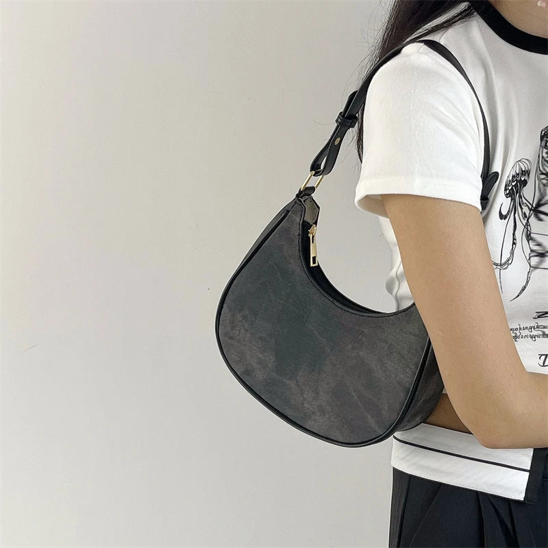 Retro Women's Crescent Bag Frosted PU Leather Shoulder Messenger Bags