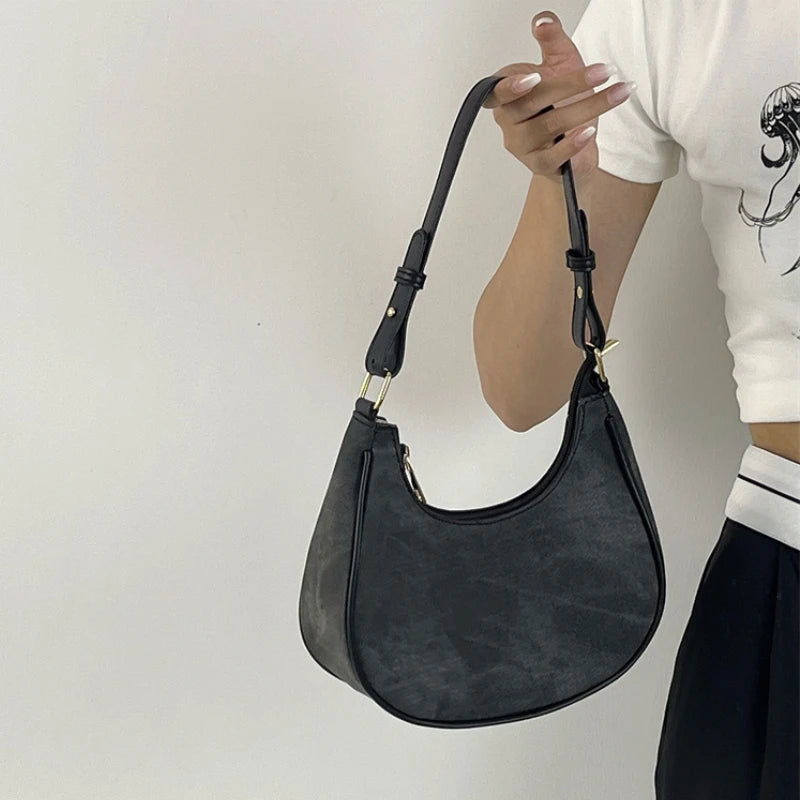 Retro Women's Crescent Bag Frosted PU Leather Shoulder Messenger Bags