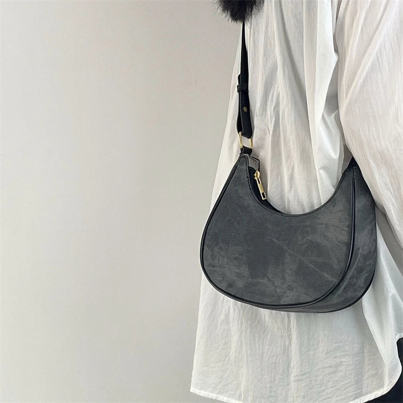 Retro Women's Crescent Bag Frosted PU Leather Shoulder Messenger Bags