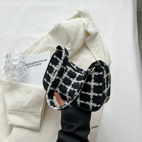 Plaid Ladies Underarm Bag Woolen Knitting Female Zipper Purse Handbags