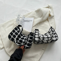 Plaid Ladies Underarm Bag Woolen Knitting Female Zipper Purse Handbags