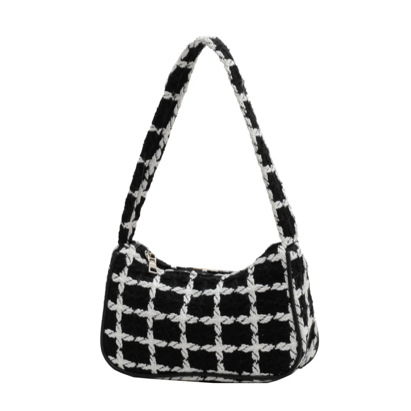 Plaid Ladies Underarm Bag Woolen Knitting Female Zipper Purse Handbags