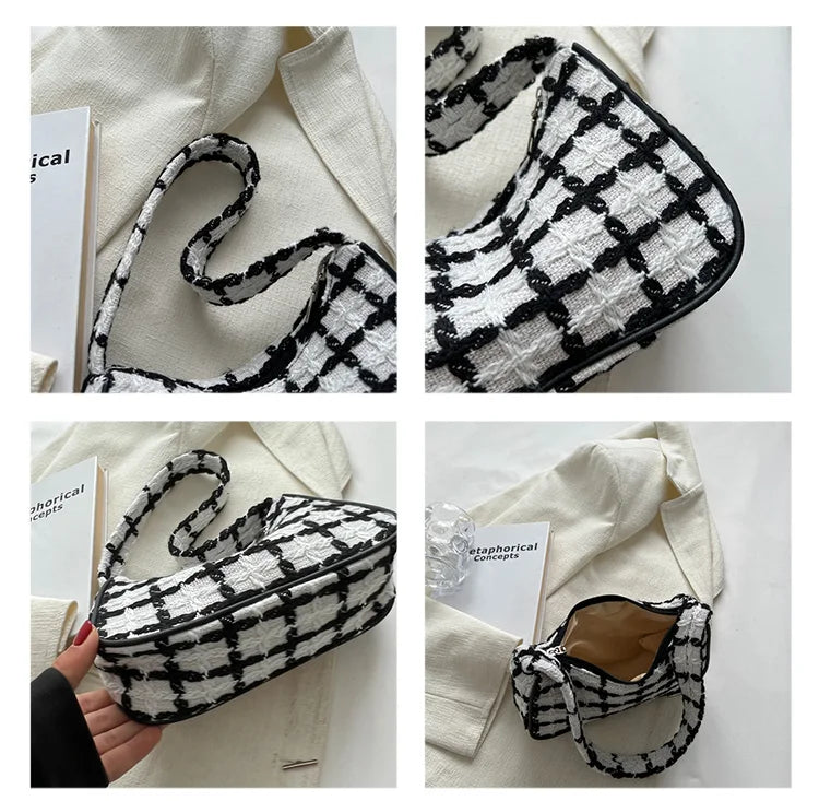 Plaid Ladies Underarm Bag Woolen Knitting Female Zipper Purse Handbags