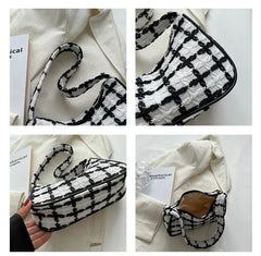 Plaid Ladies Underarm Bag Woolen Knitting Female Zipper Purse Handbags