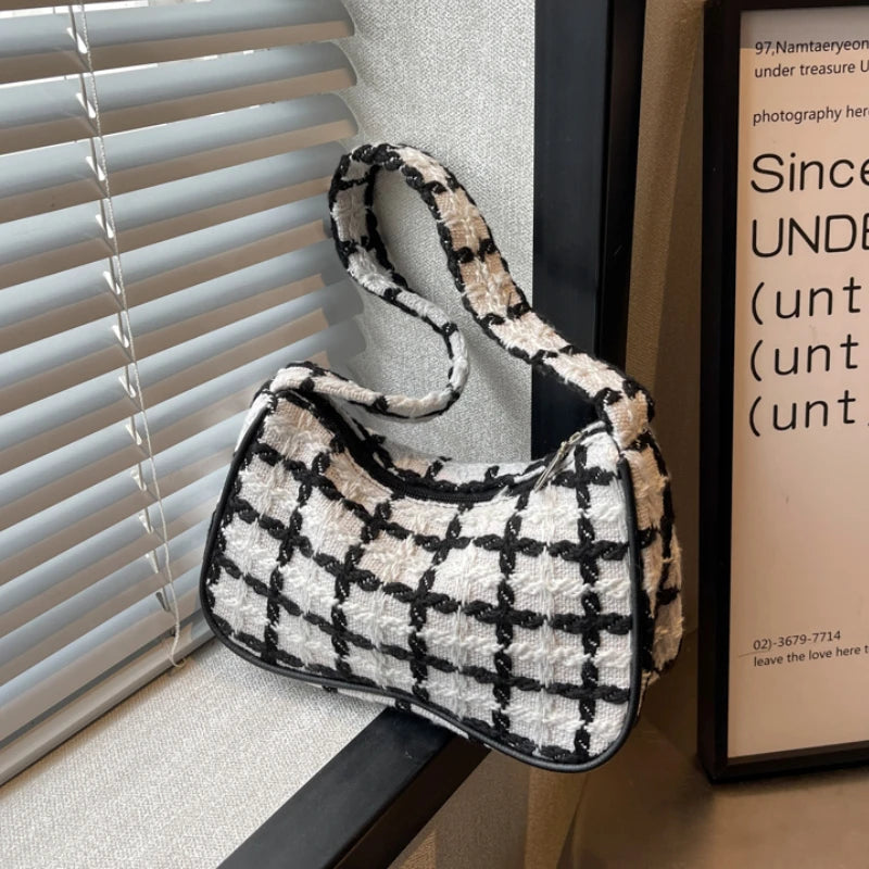 Plaid Ladies Underarm Bag Woolen Knitting Female Zipper Purse Handbags