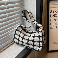 Plaid Ladies Underarm Bag Woolen Knitting Female Zipper Purse Handbags