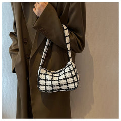 Plaid Ladies Underarm Bag Woolen Knitting Female Zipper Purse Handbags
