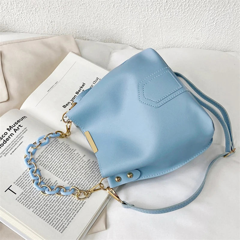 Vintage Chain Tote Bucket Bag Women PU Leather Handbag