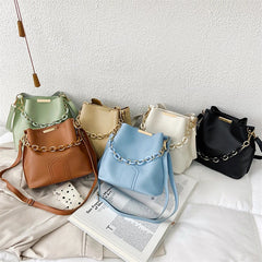 Vintage Chain Tote Bucket Bag Women PU Leather Handbag