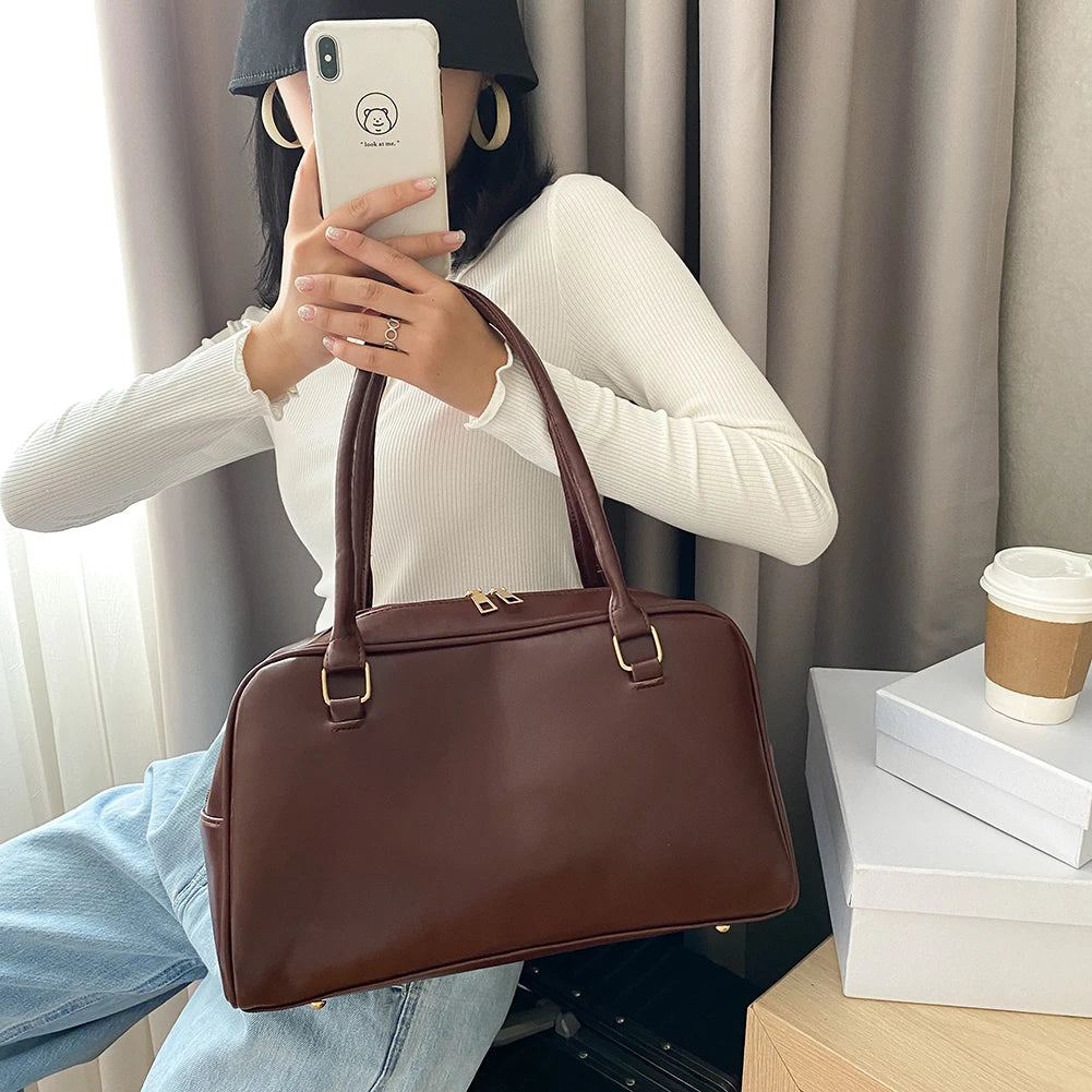 Retro PU Leather Women Shoulder Underarm Bags Casual Solid Large Capacity