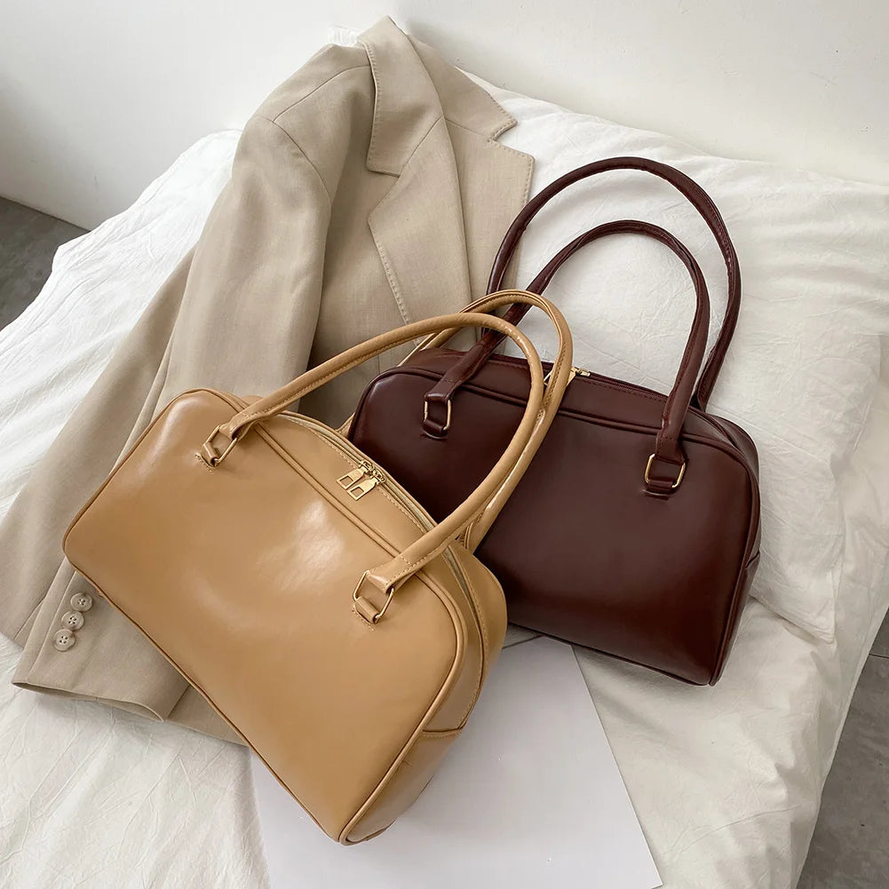 Retro PU Leather Women Shoulder Underarm Bags Casual Solid Large Capacity
