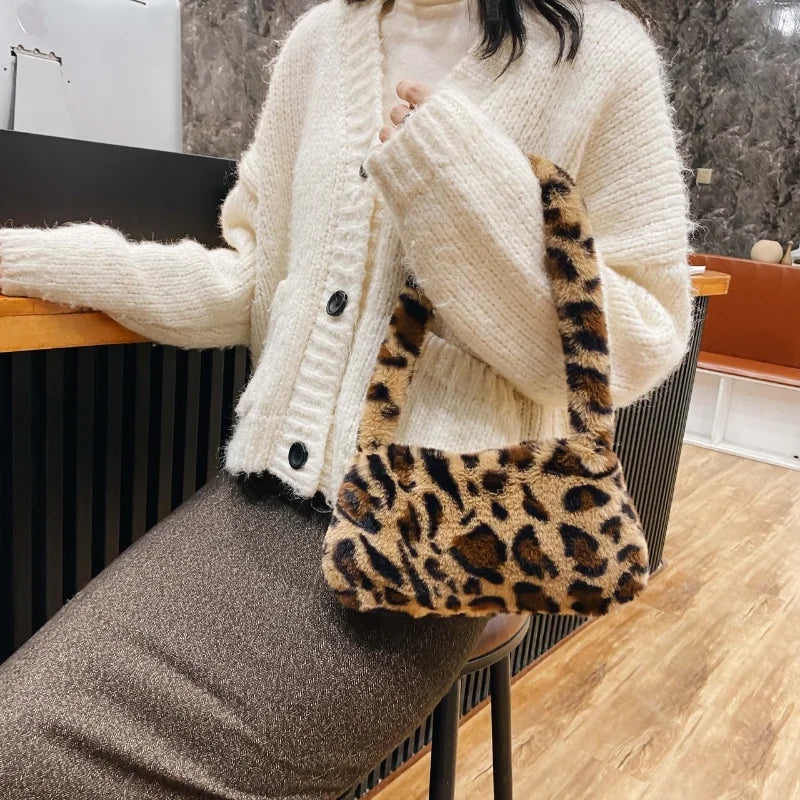 Leopard Print Underarm Bag Soft Plush Winter Shoulder Bag for Women