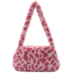 Leopard Print Underarm Bag Soft Plush Winter Shoulder Bag for Women