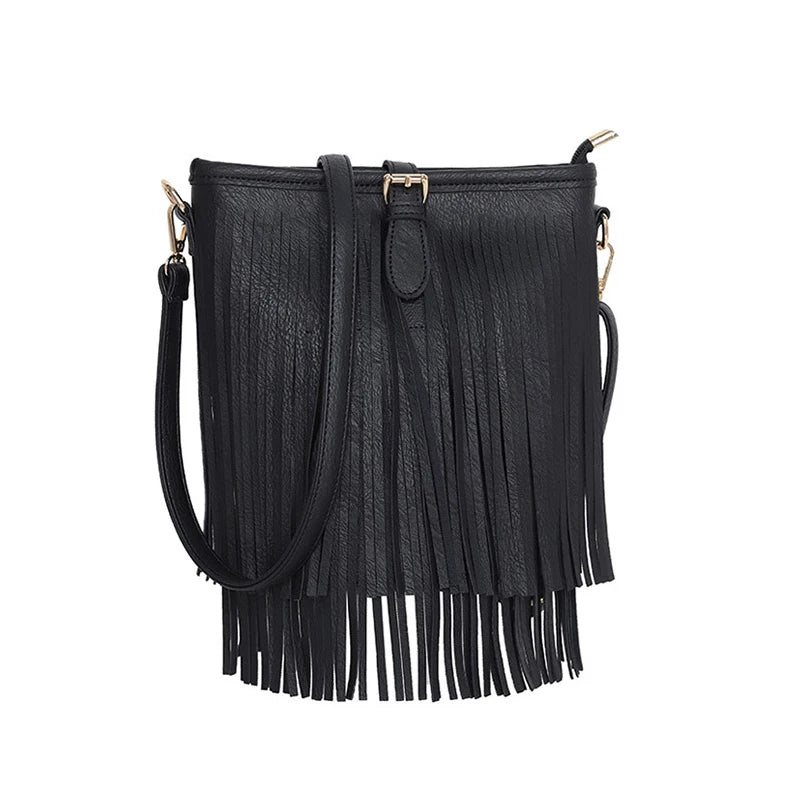 Retro Faux Suede Fringe Women Messenger Bags Bucket Tote Handbags