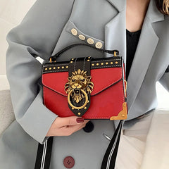 Retro Mini Square Tote Handbag Metal Lion Head Shoulder Purse Crossbody Bag
