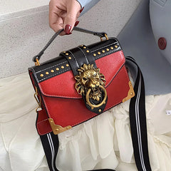 Retro Mini Square Tote Handbag Metal Lion Head Shoulder Purse Crossbody Bag