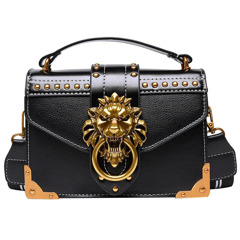 Retro Mini Square Tote Handbag Metal Lion Head Shoulder Purse Crossbody Bag