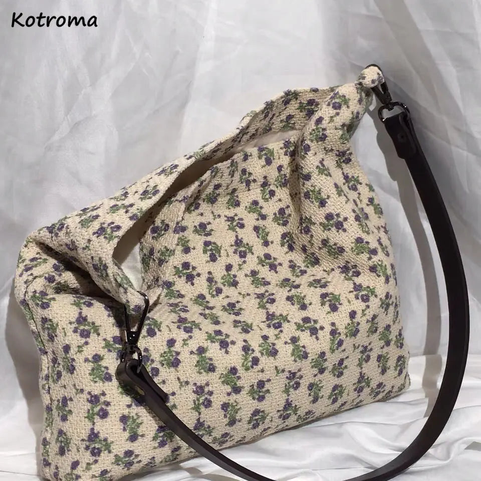 Retro Floral Shoulder Bags Women Daily Casual Handbags Large Portable Pouch