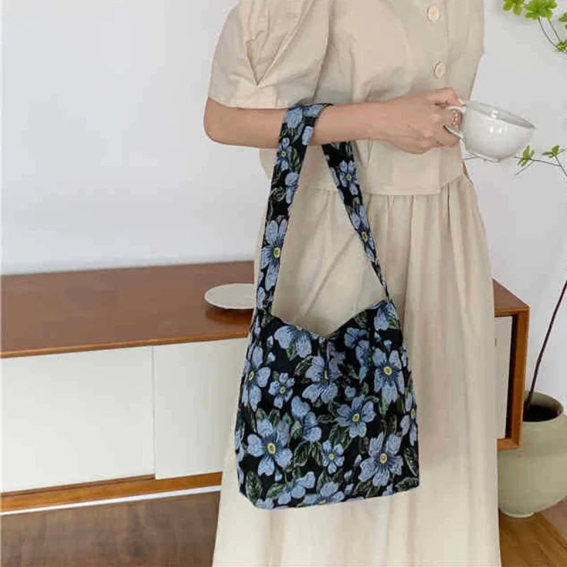 Retro Flower Shoulder Bag for Women Jacquard Ladies Cloth Shopping Bags