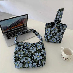 Retro Flower Shoulder Bag for Women Jacquard Ladies Cloth Shopping Bags