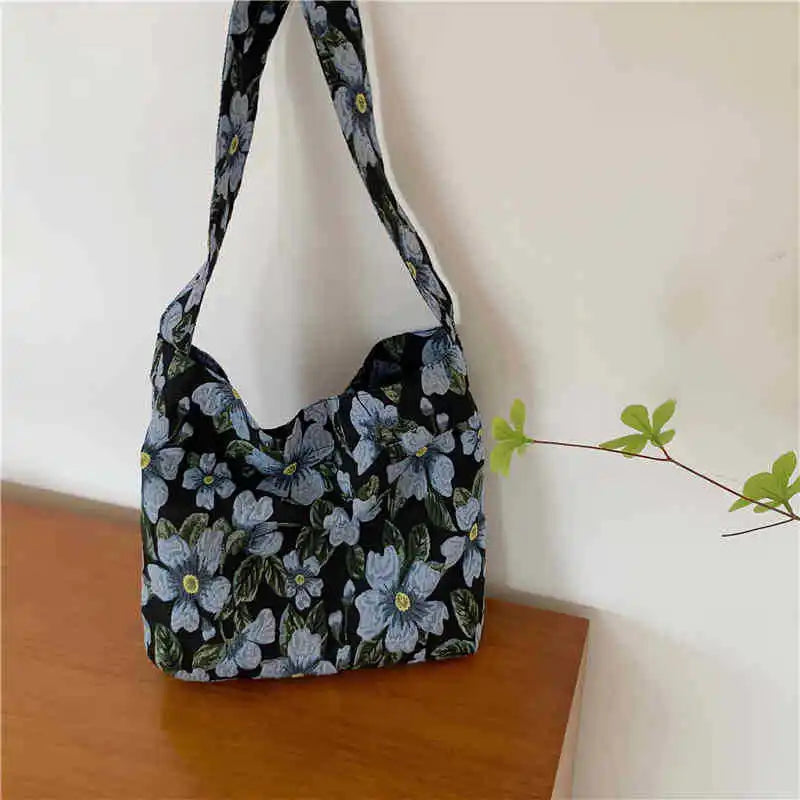 Retro Flower Shoulder Bag for Women Jacquard Ladies Cloth Shopping Bags