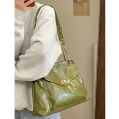 Retro Green Leather Large Capacity Handbag Women Casual Tote Shopper