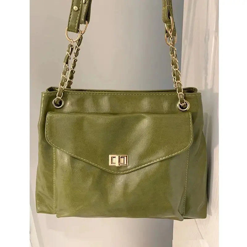 Retro Green Leather Large Capacity Handbag Women Casual Tote Shopper
