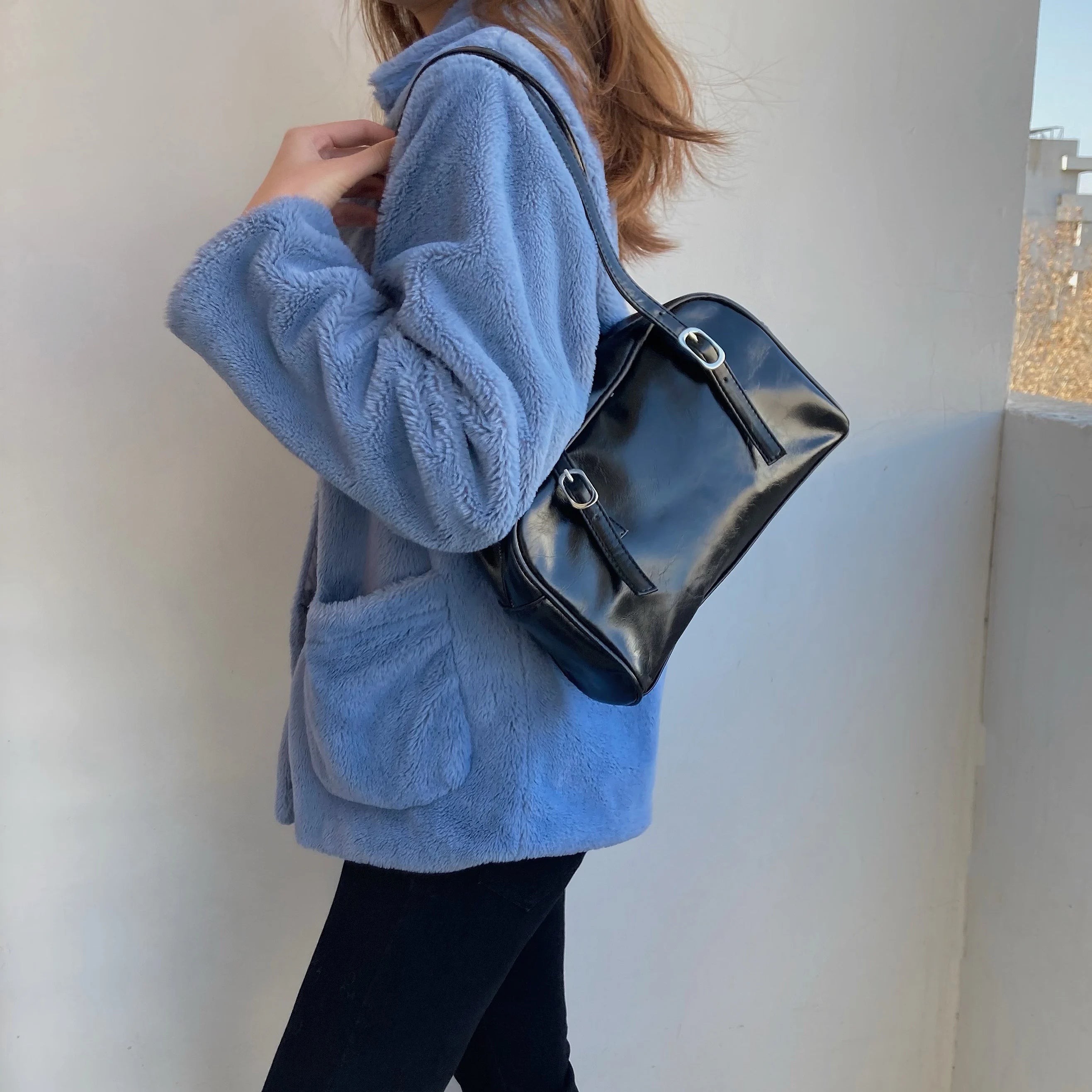 Retro Green Large Shoulder Bag Women PU Leather Tote Purse Handbags