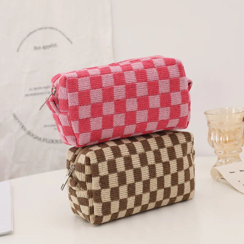 Retro Knit Plaid Portable Travel Cosmetic Storage Bag