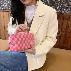Retro Knit Plaid Portable Travel Cosmetic Storage Bag