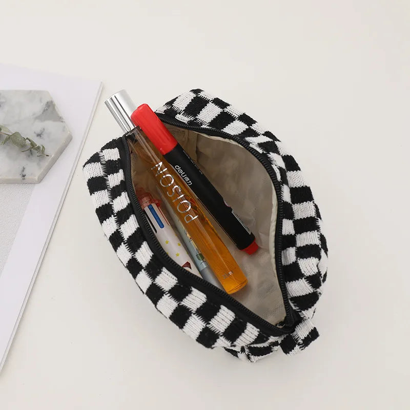 Retro Knit Plaid Portable Travel Cosmetic Storage Bag