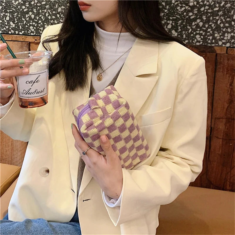 Retro Knit Plaid Portable Travel Cosmetic Storage Bag