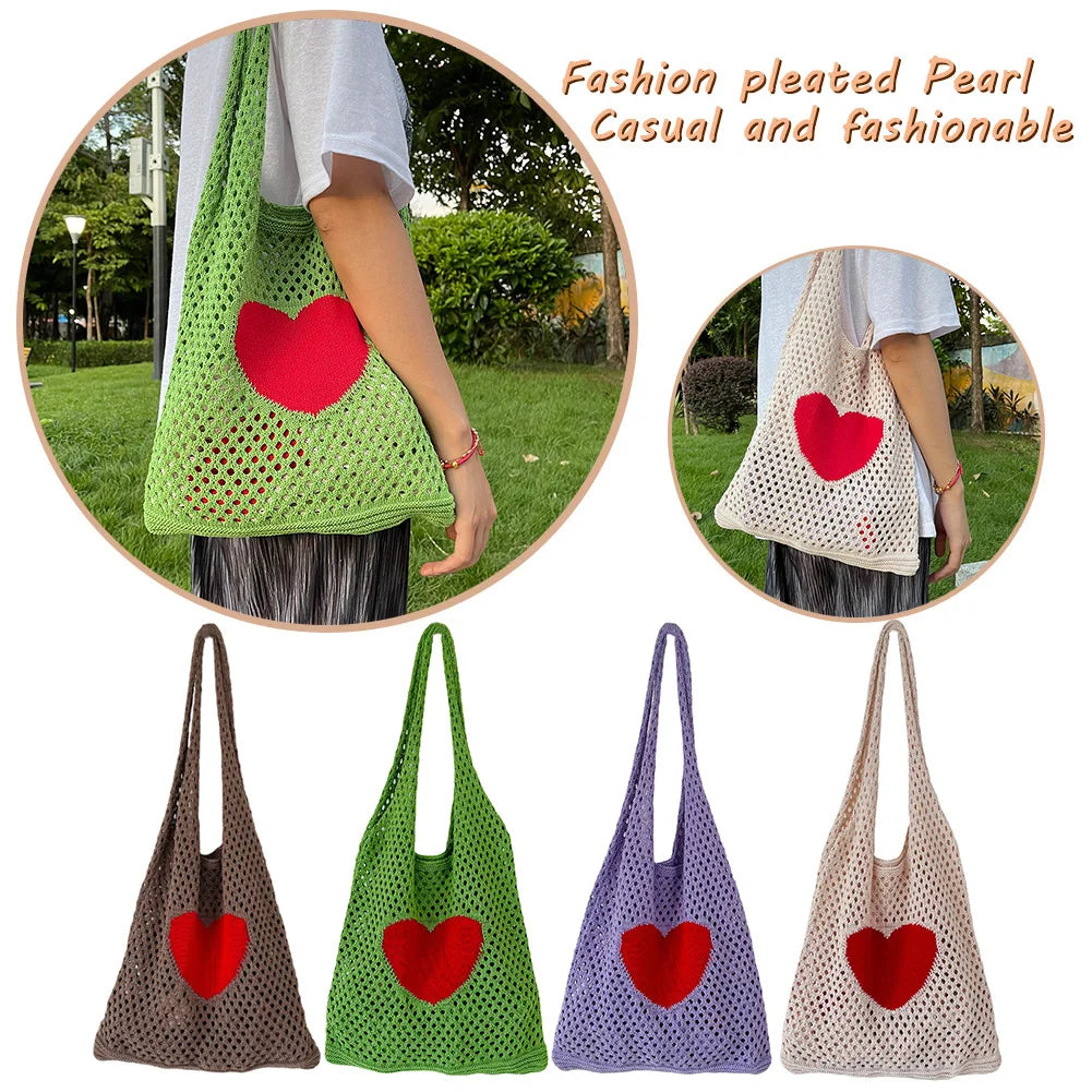 Retro Knitted Mesh Shoulder Handbag Lady Travel Tote Bag